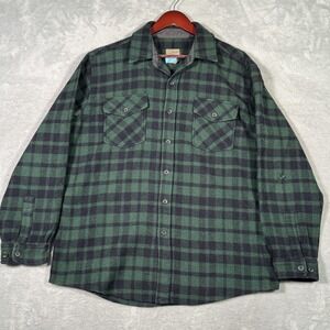 LL Bean Shirt Mens L Green Black Plaid Wool Button Front Jacket Shacket *FLAW